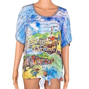 Chico's Costal Grandma Blouse European Vacation Print Tie-Front Women Size Large